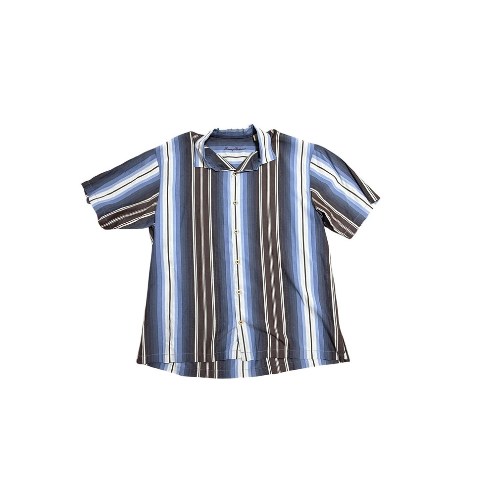 Tommy Bahama Shirt Mens‎ XL Blue Stripe Short Sleeve Silk Tencel Button Casual